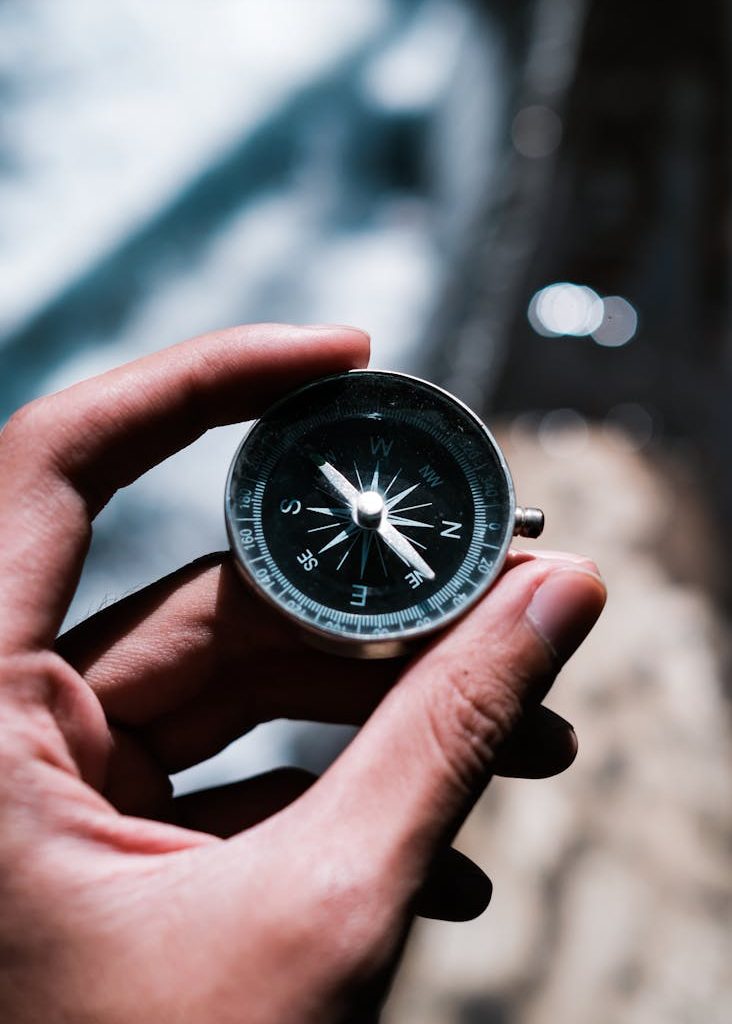 a person holding black and silver compass