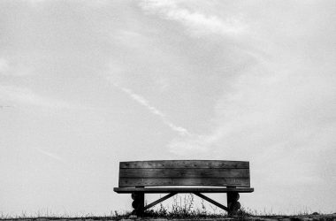 a bench is sitting on top of a hill