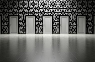 seven white closed doors